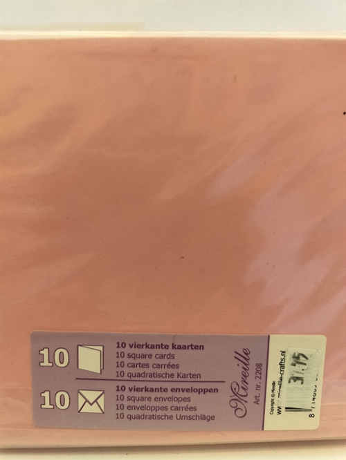 Lyserøde kort og kuverter 13,5x13,5cm 10 sæt